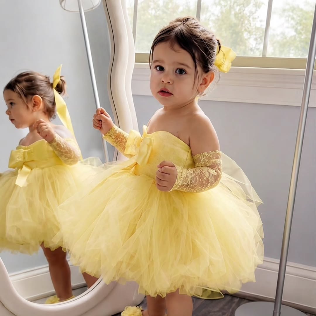 Bridal Sash Ribbon - Prenses Sarı Çiçek Kız Elbise Düğün
